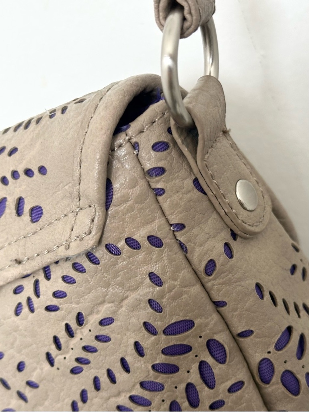 Kensie Girl Taupe Laser-Cut Mini Crossbody Bag with Purple Accent - Picture 12 of 13